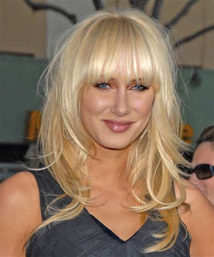 Kimberly Stewart Long Straight Light Champagne Blonde Hairstyle with Blunt Cut Bangs