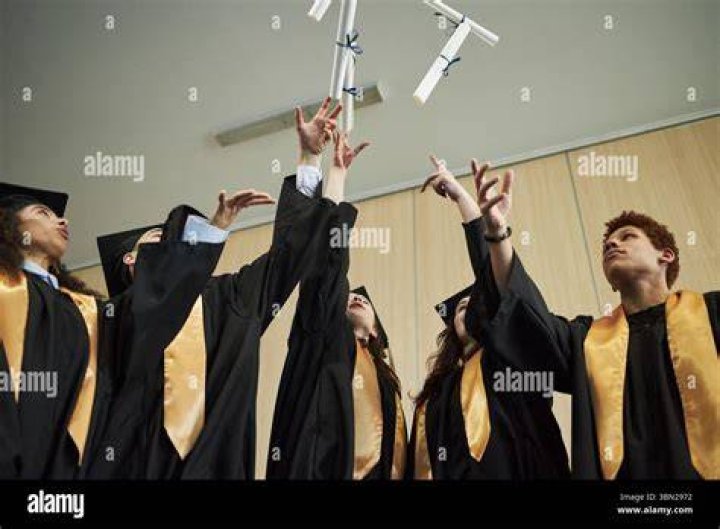 People wearing graduation gowns; tossing their graduation caps in the air